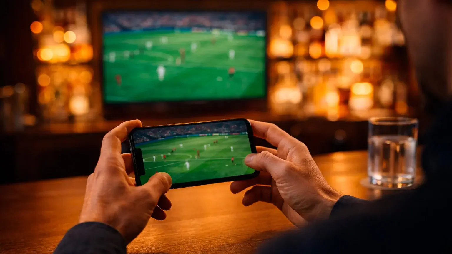 Fan verfolgt ein Fußballspiel live auf dem Smartphone in einer Sportbar