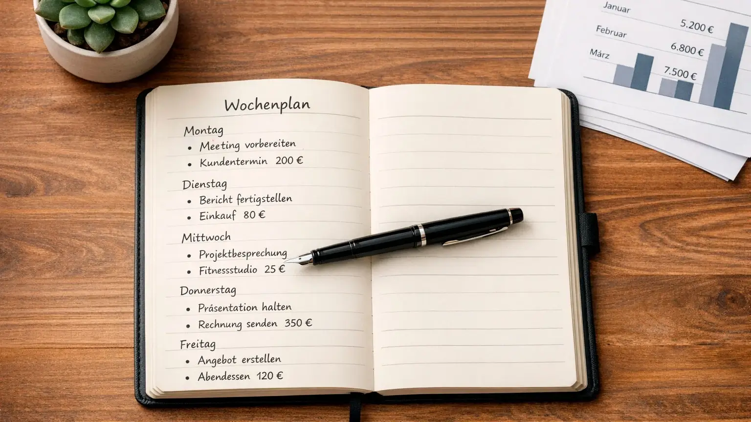 Notizbuch mit handgeschriebenem Wettplan und Stift auf einem Schreibtisch
