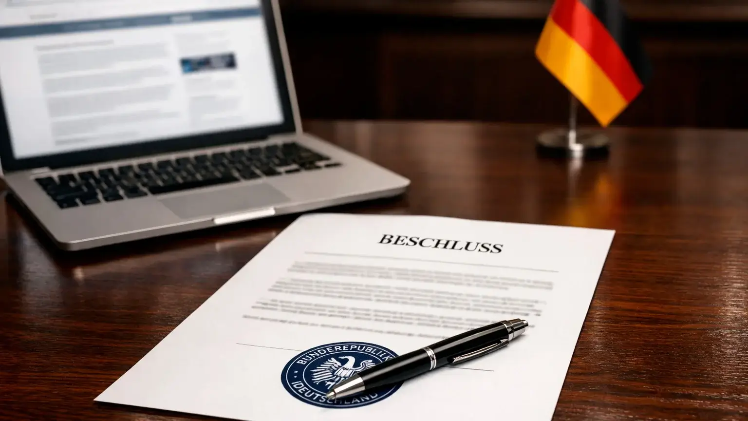 Offizielles Dokument mit Siegel und Stempel neben einem Laptop auf einem Bürotisch